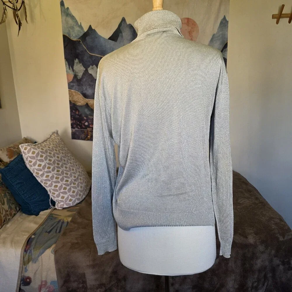 Composition NY Silk Blend Metallic Shimmer Turtleneck Sweater L Taupe Beige